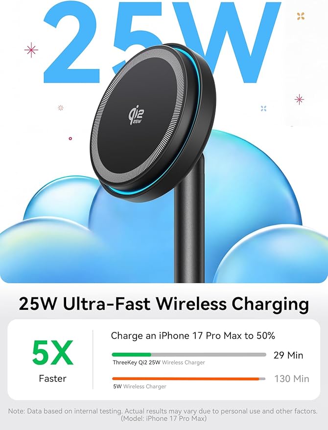 THREEKEY for Qi2 Certified 25W Magsafe Charging Stand with Cooling Fan & LED Light, Fast Wireless Charger Station for iPhone 17-12 Series/Galaxy S26-S25【Included 35W Adapter &5ft Cable】