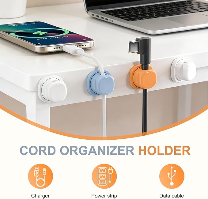 Cord Organizer Holder，2026 New Rotatable Desk Cable Managemen，Adhesive Wire Cable Clips Management Kit for Phone Charger, Home, Computer, Desk, Nightstand，Office (Mixed (6pack))
