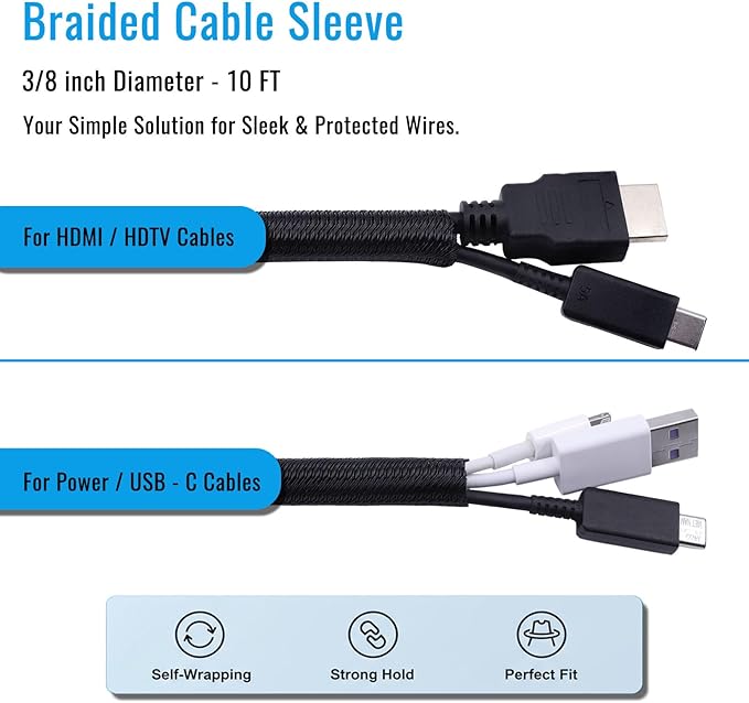 3/8" Braided Cable Sleeve - 10Ft Cat Cord Protector Split Wire Loom Tubing Flexible Self Wrapping for USB, Audio, Automotive Cord, Dog Chew Proof Cable Protector - Black