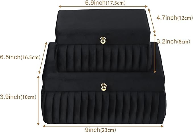HofferRuffer Velvet Decorative Boxes, Jewelry Boxes Storage Accessory Organizer Boxes with Elegant Handle Decor, Classic Velvet Set of 2 Pieces (Black Velvet)