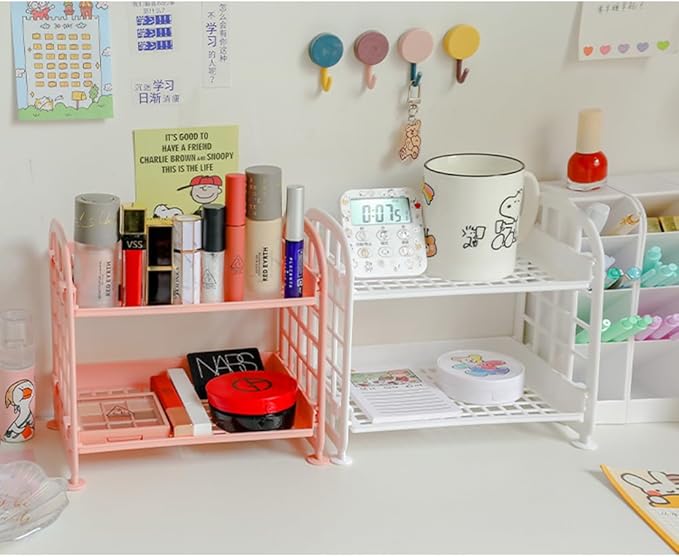 UnnFiko 2-Layers Table Shelf Organizer, Adjustable Plastic Storage Rack Shelf Square Basket Desk Stand Table Storage Organizer Shelves (White)