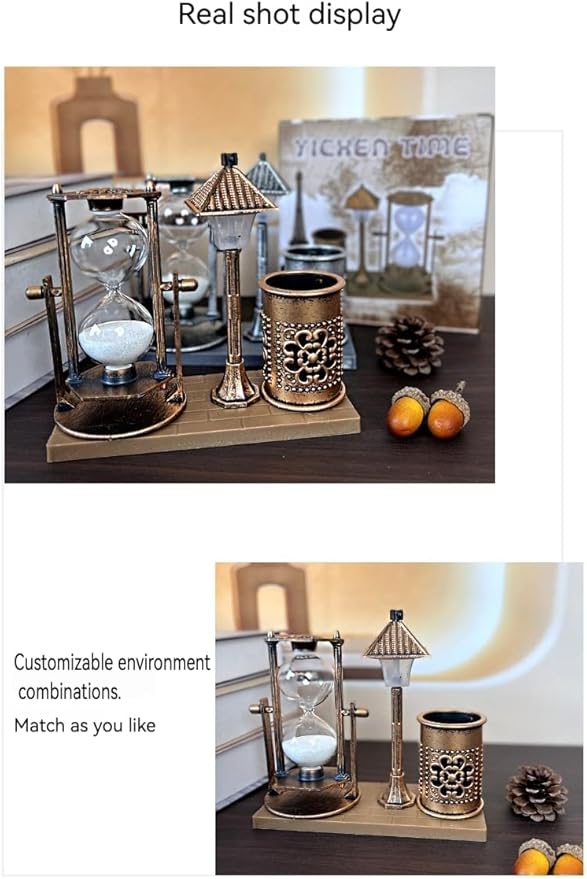 Vintage Style Desk Organizer Set with Hourglass Timer, Decorative Pen Holder, Bronze Finish, pen organizer for desk, vintage office decor, sand timers, desk organizer pen holder