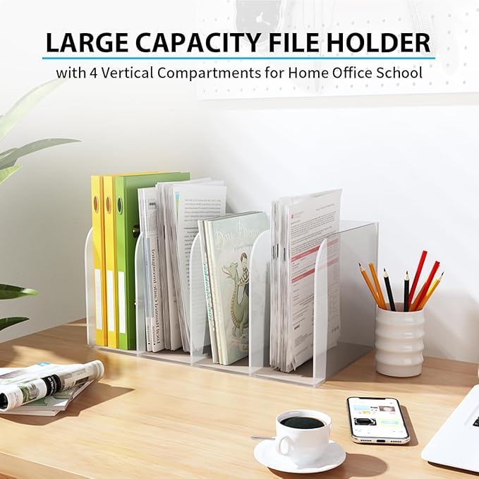 Jumyee 4 Vertical Compartments Acrylic Magazine File Holder, Clear Desk File Organizer Sorter, Mail Organizer Office Organization Storage Binder Holder for Desk, Magazine, Books