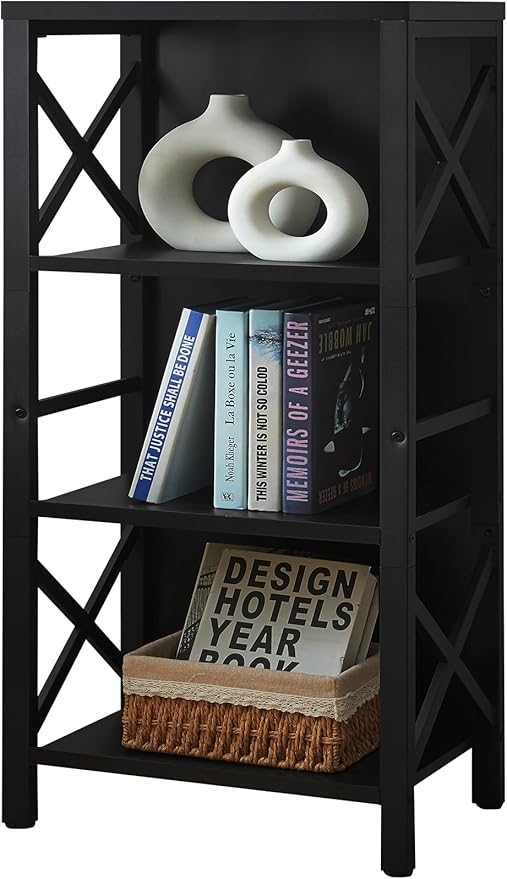 MNEETRUNG Small Bookshelf,4 Tier Industrial Bookcase with Metal Frame and Backboard,Narrow Black Book Shelf,Office Book case for Small Spaces,Living Room,Bedroom and Home Office