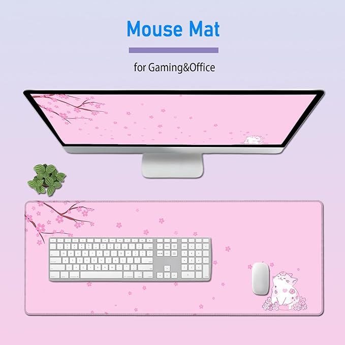Cherry Blossom Cat Pink Mousepad,Cute Large Anime Gaming Desk Mat,Girly Office Decor Accessories Desktop Keyboard Pad for Women Girls,Aesthetic Japanese Sakura Mouse Mat,31.5x12in