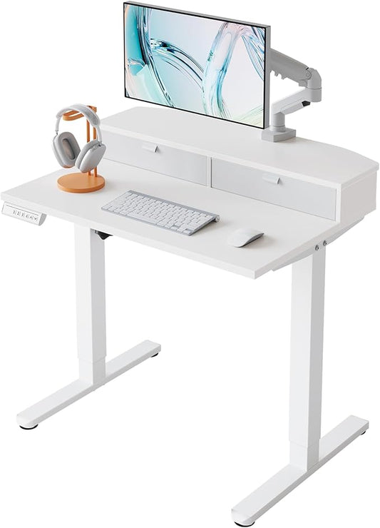 HUANUO 32 x 21 inch Small Electric Standing Desk with 2 Drawers, C-Clamp Mount Compatible, Height Adjustable Sit Stand Desk, Home Office Stand Up Desk with 4 Memory Height Settings, White