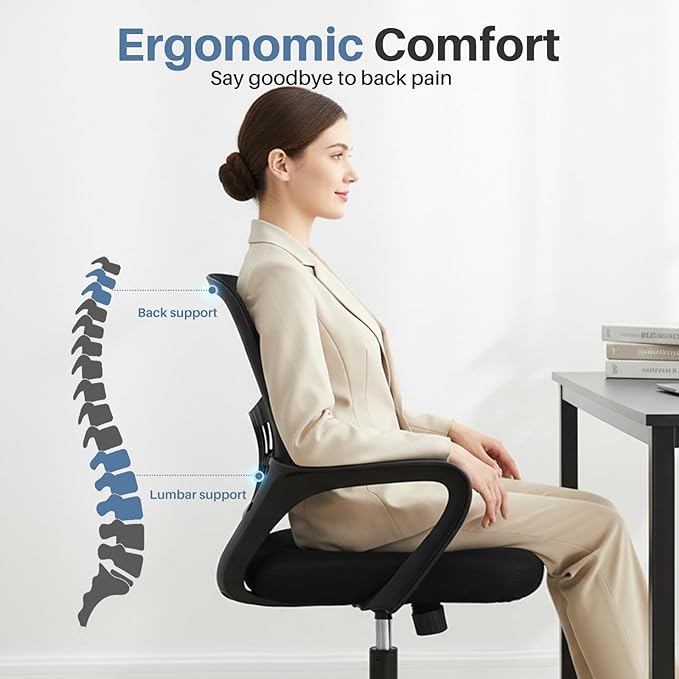 DUMOS Home Office Chair - Ergonomic Mid Back Mesh Desk Chair with Lumbar Support & Rocking Mode, Height Adjustable, Fixed Armrest, for Conference, Computer, 360° Swivel, Adults, Black