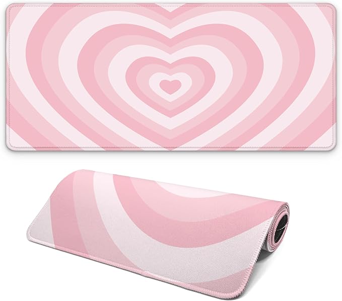 Gaming Mouse Pad with Non-Slip Base, Cute Mouse Mat with Stitched Edges for Keyboard and Mouse, Large Anime Mousepad for Computer, 31.5 x 11.8 inches (Pink Heart)