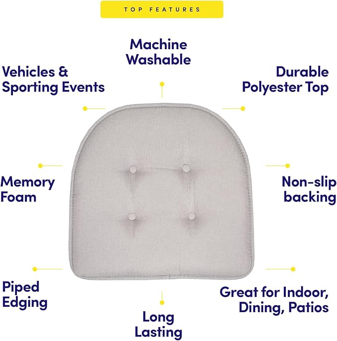 Sweet Home Collection Chair Cushion Memory Foam Pads Tufted Slip Non Skid Rubber Back U-Shaped 17" x 16" Seat Cover, Light Gray 4 Count