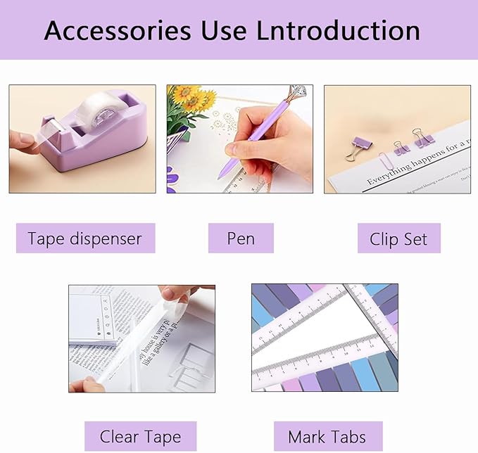 Office Supplies,Purple Desk Accessories,Office Supplies Set,Desk Organizer,Stapler,Tape Dispenser,Scissors,Staple Remover,Binder Clips,Staples,Ballpoint Pen,Index Tabs with Ruler,Clear Tape.10pcs