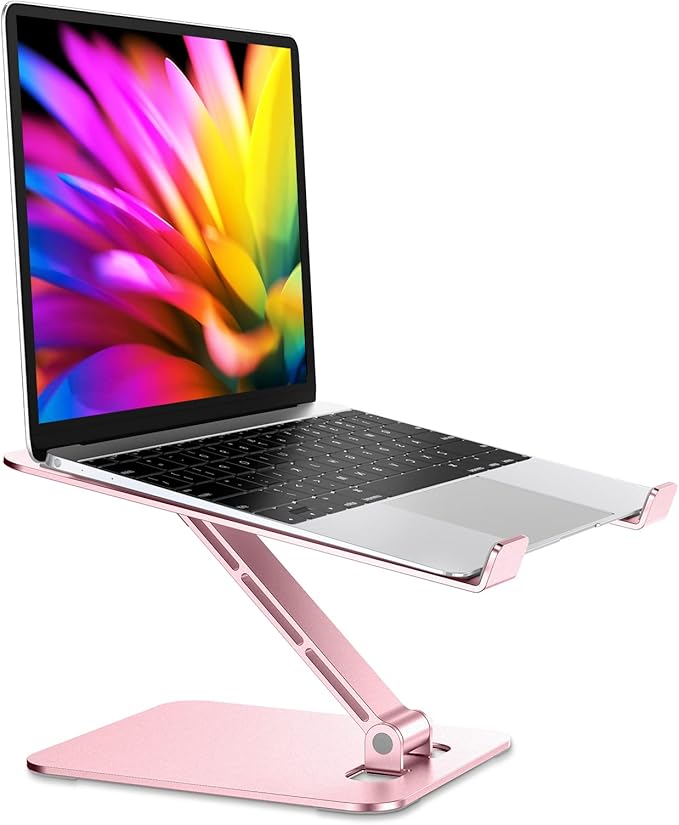 RIWUCT Foldable Aluminum Alloy Laptop Stand for Desk, Height Adjustable Ergonomic Computer Stand, Portable Laptop Riser Holder Notebook Mount Compatible with MacBook Pro Air/HP/Dell 10-16", Pink