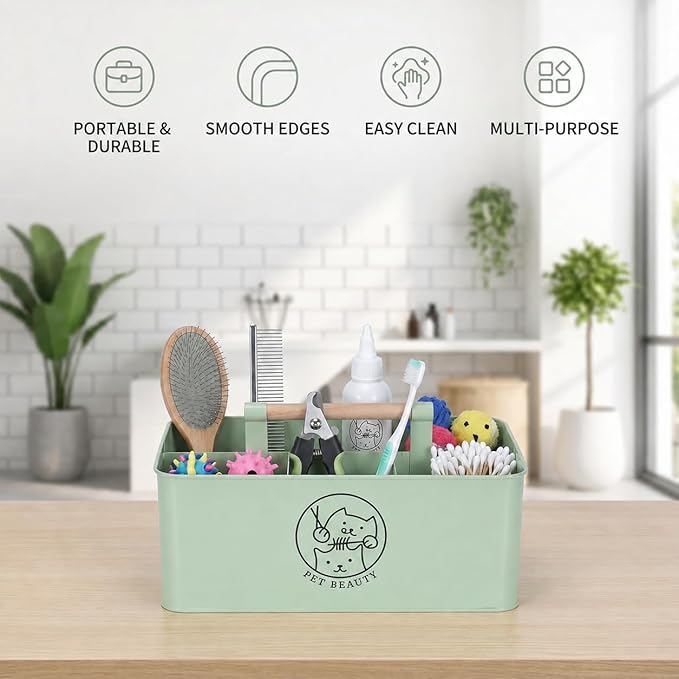 Premium Dog Cat Grooming Supplies Organizer with Wooden Handle,4-Compartment Metal Caddy for Pet Stuff -Powder Coated Dog Storage Bin for Hair remover Brush Nail Clipper Scissors-Green
