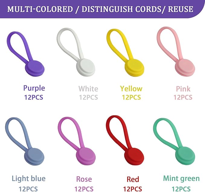 96-Pack Reusable Silicone Magnetic Cable Ties, 8 Assorted Colors – Multi-Purpose Cord Organizers for Earphones, USB Cables, Office Desk, Kitchen, Travel Accessories