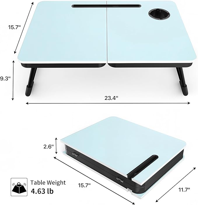 BUYIFY Foldable Laptop Bed Desk for Couch, Sofa - Large Lap Desk Tray Table with Cup Holder and Tablet Slot - Portable Notebook Stand for Eating, Writing, Studying and WFH-Light Blue-DZZ004