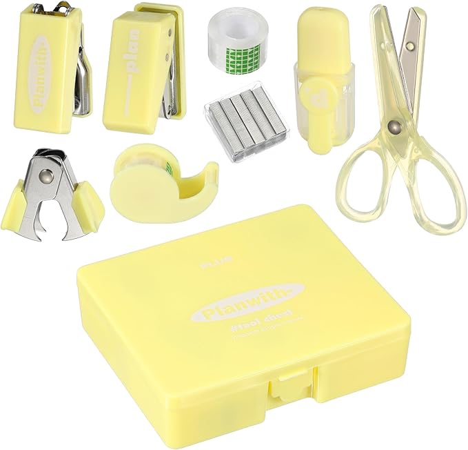 PATIKIL 1 Pack Office Supplies Set, 8pcs Desk Supplies Set Stapler Tape Dispenser Scissors Accessories Kit Mini Office Supply Kit Cute Small for Desk Women Organizer, Yellow