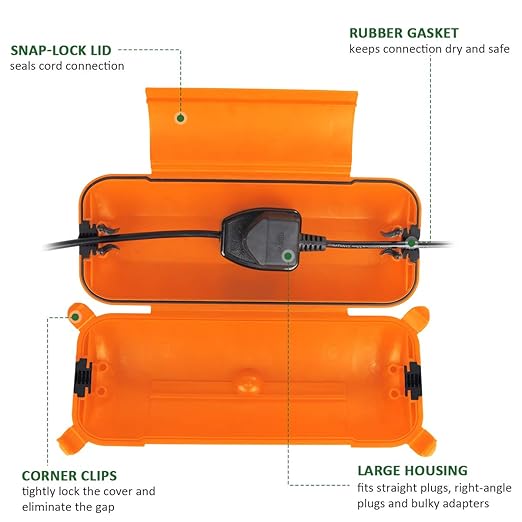 Flemoon Outdoor Extension Cord Safety Cover with Waterproof Protector Seal, Weatherproof Electrical Connection Box for Outdoor Outlets, Plugs, Sockets, Holiday Decorations, Power Tools, Orange