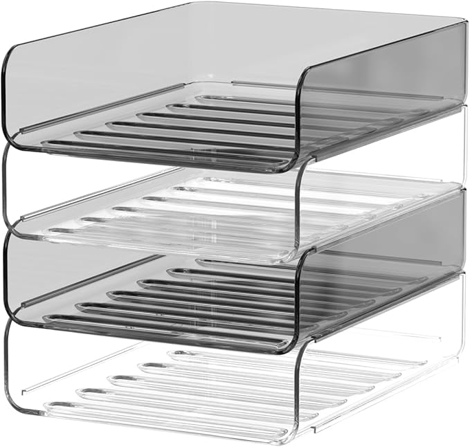 FANXIYQ 4-Tier Acrylic Paper Tray Organizer | Clear Stackable Desk Organizer for Documents, Letters, A4 Paper | Modern Office/Classroom/Home Organization,Clear&Brown