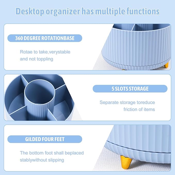 Blue Desk Accessories 12Pcs Set, Cute Office Supplies Decor for Women, 360° Rotating Pen Holder Organizer with Stapler, Tape Dispenser, Staple Remover, Staples, Tape, Clips Set, Ruler, Scissor, Pen