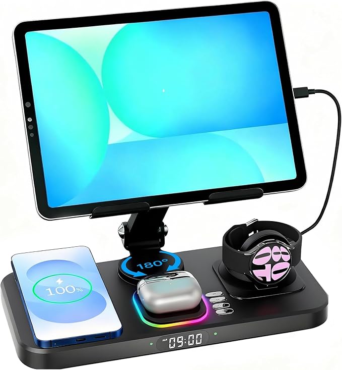 30W Tablet Wireless Charger for Samsung, Foldable Android Charging Station with Clock Display with 7-Color Light, Wireless Watch Charger for S25, Only Compatible Samsung Watch, Galaxy Buds3 Pro(Black)
