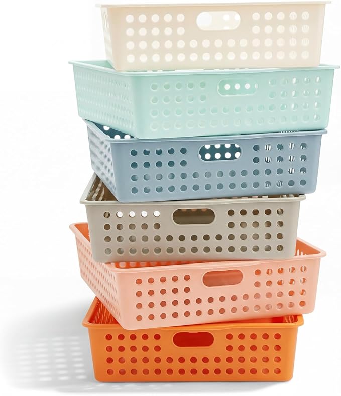 Geetery 6 Pack Classroom Storage Baskets with Handle 14''x10'' Paper Tray Holds A4 Turn in Trays Plastic Paper Baskets Desk Organizer Bin for Classroom, Library, Office, Home (Boho Color)