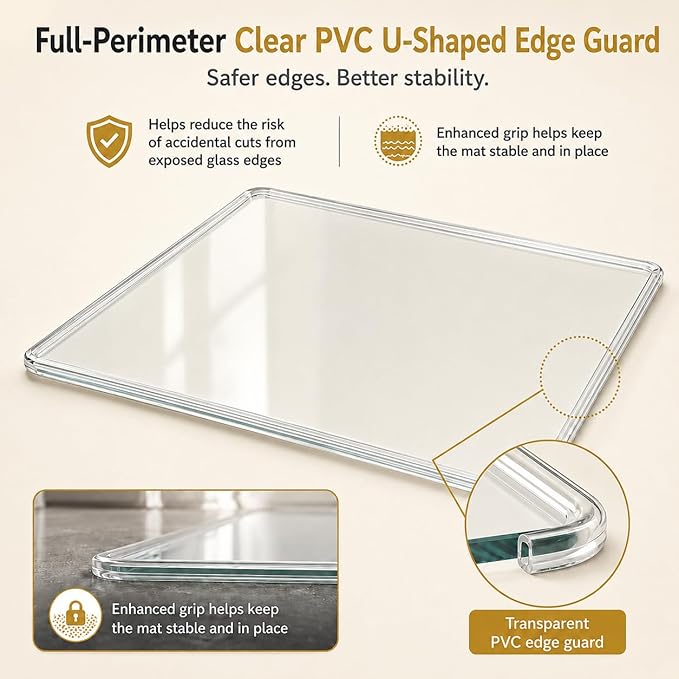 46 x 55 Inch Glass Chair Mat, 1/5 Inch Thick Tempered Glass Office Chair Mat for Carpet and Hardwood Floors, Heavy Duty Clear Floor Protector with Polished Edges and 8 Non-Slip Pads