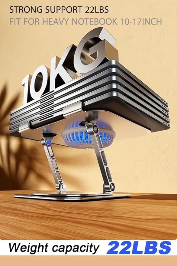 Laptop Stand Fan with 360 Rotating Swival Base, 10inch Riser Height Adjustable for Typing/Viewing/Presentation,Metal Ergonomic Strong Holder,for Heavy Notebook 12 14 15 17Inch MacBook