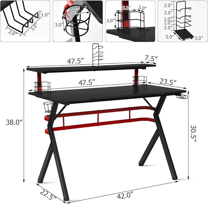 Tangkula Gaming Desk and Chair Set, Ergonomic Gamer Desk & Racing Chair Set Cup Holder, Headphone Hook, Handle Rack & Monitor Stand, Massage & Headrest, Home Office Computer Desk Chair Set (Red)