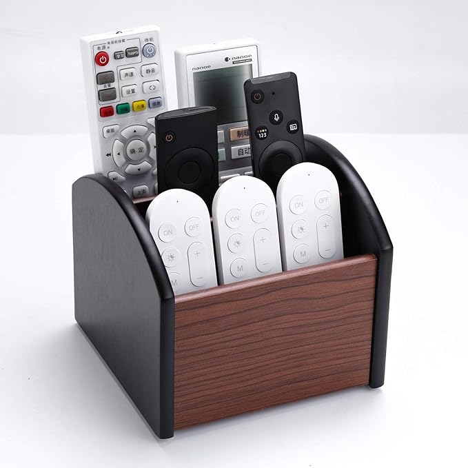 MaxGear Remote Control Holder Caddy, Wooden Desk Organizer with 4 Compartments, Multifunctional Storage for Remote Controls, TV & Office Supplies, Ideal for Tabletop