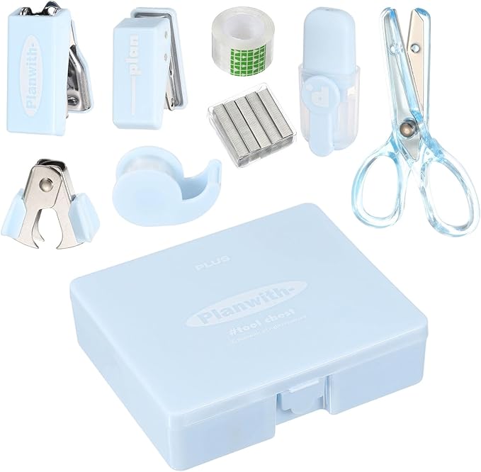 PATIKIL 1 Pack Office Supplies Set, 8pcs Desk Supplies Set Stapler Tape Dispenser Scissors Accessories Kit Mini Office Supply Kit Cute Small for Desk Women Organizer, Blue