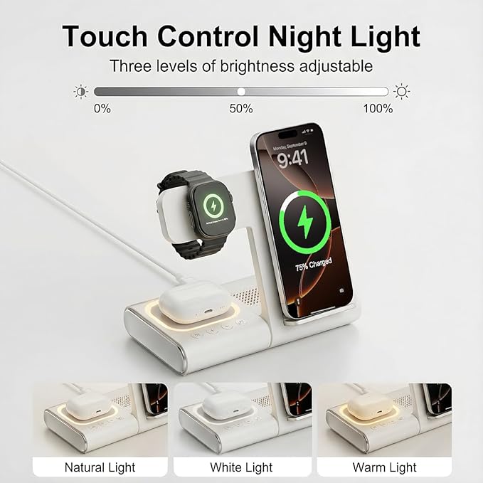 BLKE 3 in 1 Wireless Charging Station with Bluetooth Speaker & Night Light, 33W Foldable Bedside Charger Stand for iPhone 17/16/15/14/13, Apple Watch, AirPods Pro & Samsung Galaxy Phone