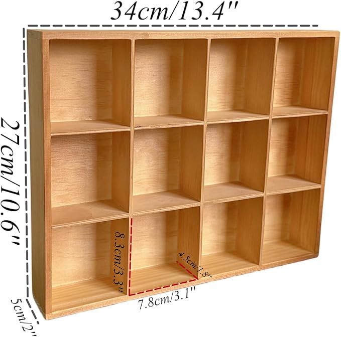 Vintage 12 Compartments Wooden Organizer Box 13.4x10.6x2 Inch Solid Wood Storage Tray Desktop Display for Jewelry Makeup Office Supplies Antique Home Decor Craft Organization (Vintage Color)