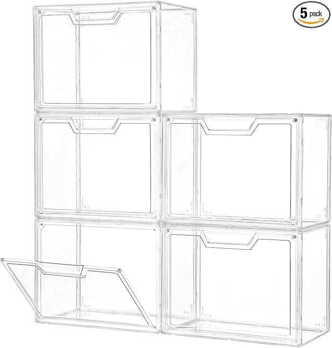 Freebat Stackable Storage Organizers Clear Acrylic Display Case, 5-Pack Acrylic Boxes with Lids, Clear Storage Containers Storage for Handbags, Collectibles & Figures