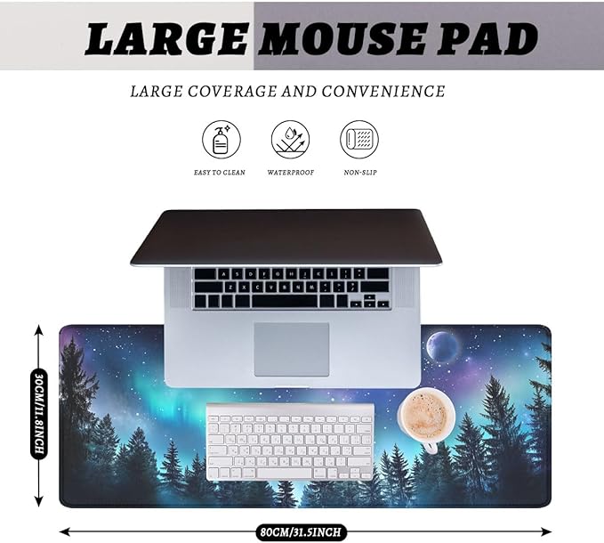Aurora Desk Mat Starry Night Northern Lights Forest XL Mouse Pad Large Mousepad Extended Laptop Keyboard Mat Gaming Desk Pad Mouse Mat 31.5"x11.8"