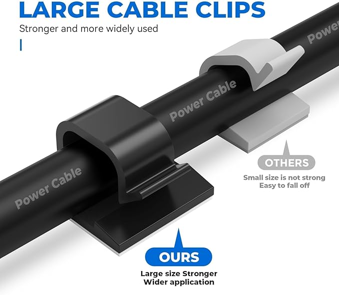 Large Cable Clips 40pcs with Strong Adhesive Tapes,Wire Holder Organizer Cord Management for Car, Office and Home (Black- L05(40PCS))
