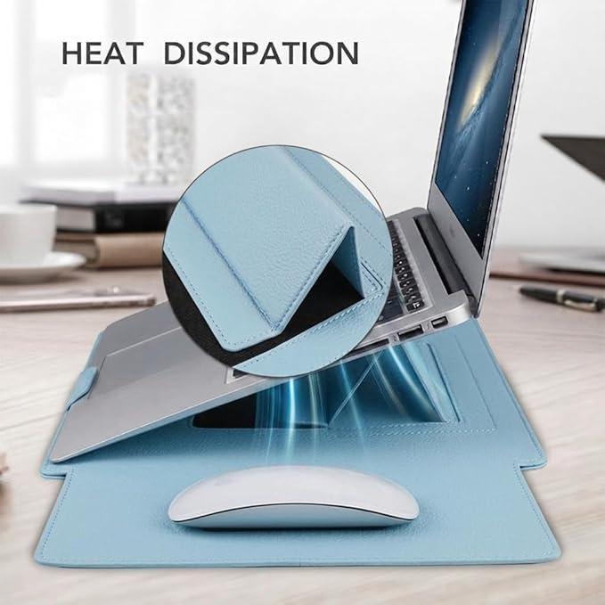 4-in-1 Laptop Sleeve with Stand and Mouse Pad, Faux Leather Protective Case with Accessory Pouch for 15-16 Inch Laptops(SkyBlue)