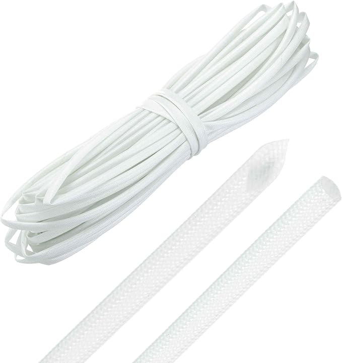 MECCANIXITY 49ft Braided Cable Sleeve, 3/16" ID 200C Heat Resistant 1500V Fiberglass Wire Insulation Cord Protector Organizer Wires Management for Motor Engine Fuel Line, White