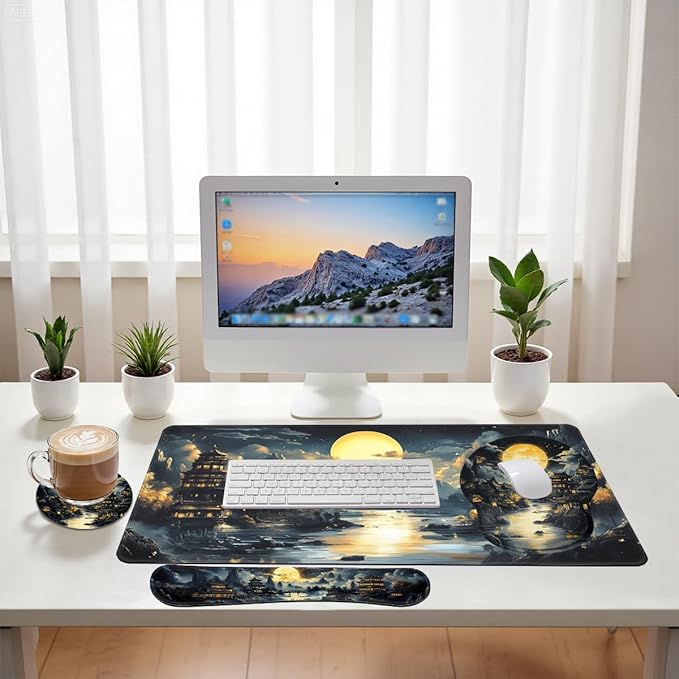 Fantasy Temple Desk Mat Set Golden Moon Asian Night Landscape Large Mouse Pad with Wrist Rest 4in1 Desk Mat for Desktop Ergonomic Computer Desk Arm Wrist Anti-Slip Computer Mouse Pad Office Gaming