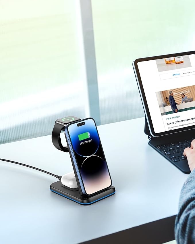Foldable Wireless Charger for Multiple Devices 3 in 1 Wireless Charging Station for Travel, Compatible with iPhone 17 16e 16 15 14 13 12 11, Charging Pad for iWatch Series & Airpods 4 3 2 Pro