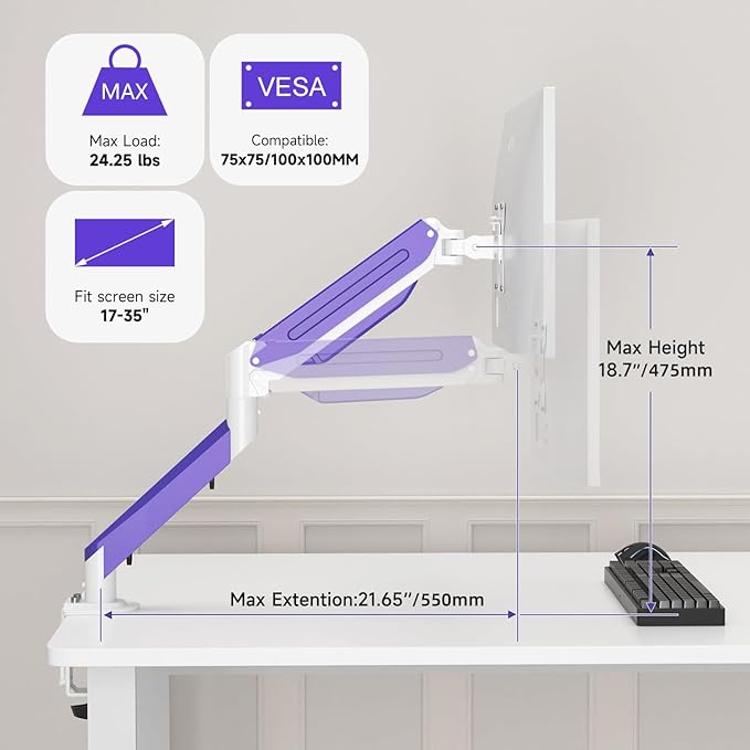 Suptek Monitor Mount Gas Spring Monitor Arm Desk Mount Fully Adjustable Fits 17 20 22 23 24 26 27 32 35 inch Monitors Weight Capacity up to 24.25 lbs (White+Purple, 17"-35")