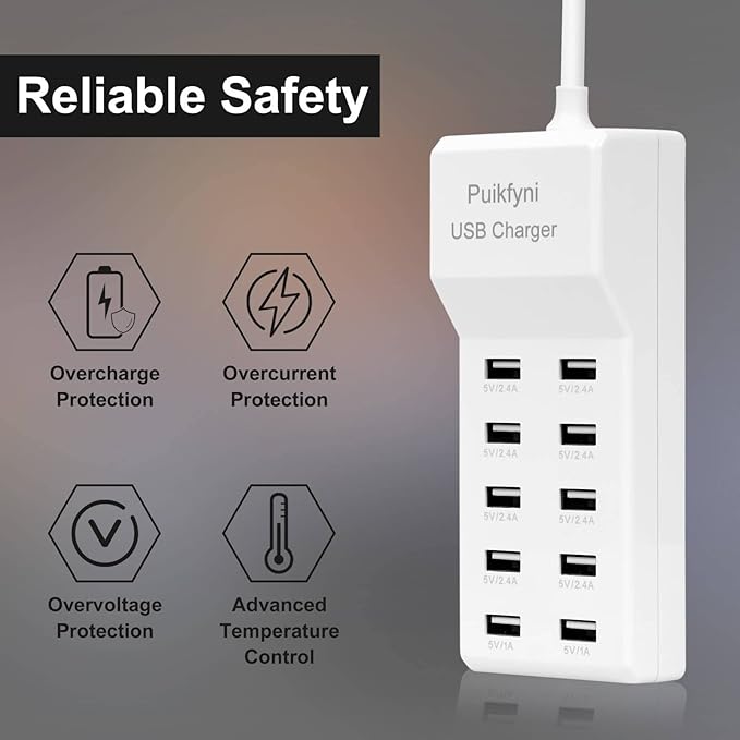 Puikfni 10-Port USB Charger Station with Rapid Charging Auto Detect Technology Safety Guaranteed, 10-Type A Ports Smart for Multiple Devices Phone Tablet Laptop Computer (White)