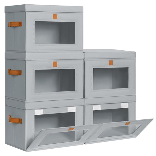 Homsorout Small Fabric Storage bins - Collapsible Storage Bins with Open Window, 5 Pack Closet Baskets for Shelves, Stackable Decorative Boxes for Home, Dorm, Grey, 13.7"x 9.8" x 9.8"