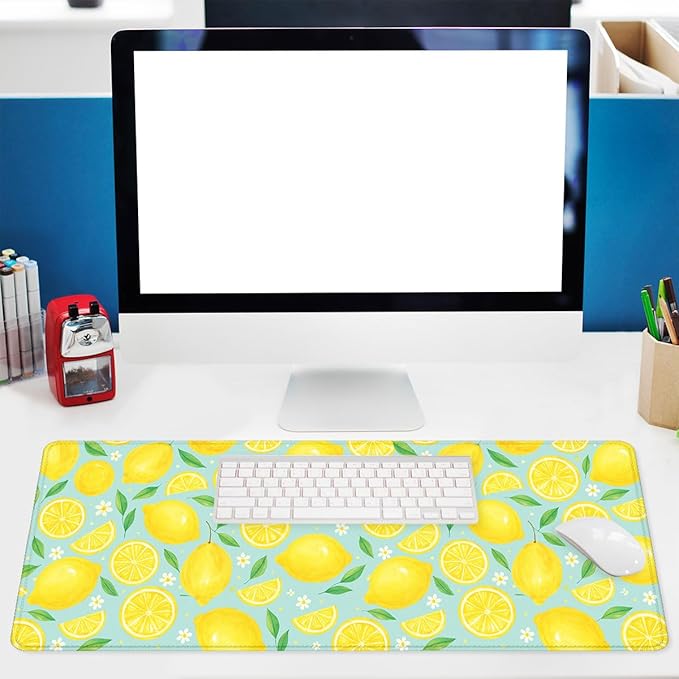 Lemon Desk Pad Mouse Pad Summer Yellow Watercolor Fruit Extended Gaming Mouse Pad Mat with Stitched Edge Non-Slip Base Big Mousepad 31.5"x11.8"