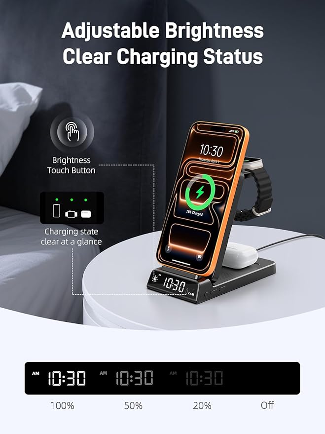 3 in 1 Charging Station for Apple, ELECDOV Magnetic Charger for iPhone, Foldable Wireless Charger with Clock, Travel Watch Charger Stand for iPhone 17/Air/16/15 Series, iWatch 10/AirPods 4 (Black)