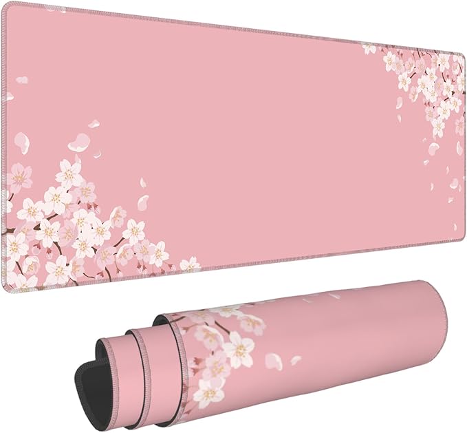 Large Pink Mouse Pad,Japanese Pastel Cherry Blossom Gaming Mousepad,Sakura Flowers Aesthetic Extended Keyboard Desk Protecter Mat for Women Girl,31.5x12in
