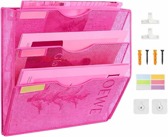 3 Pockets Mesh Wall File Holder Organizer Office Hanging File Folder Magazine Rack, Nametag Label Hooks Set Included (Pink)
