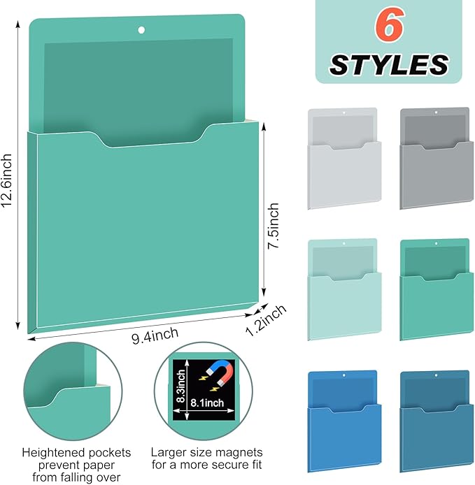 Fuutreo 6 Pcs Magnetic Wall File Organizer Magnetic Wall File Holder Refrigerator Magazine Holder for Mail Letters Paper(Aqua Green,Vertical-large)