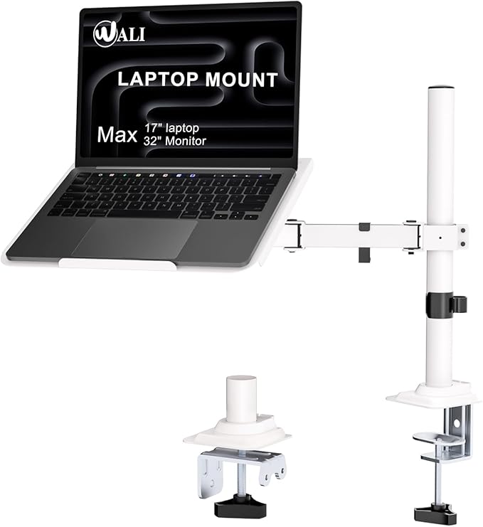 WALI Laptop Desk Mount for 17 inch Notebook, Adjustable Single Monitor Arm with Laptop Holder for 32 inch Screen, Laptops Stand with Ventilated Tray, Up to 22 lbs, (M00LP-W), White