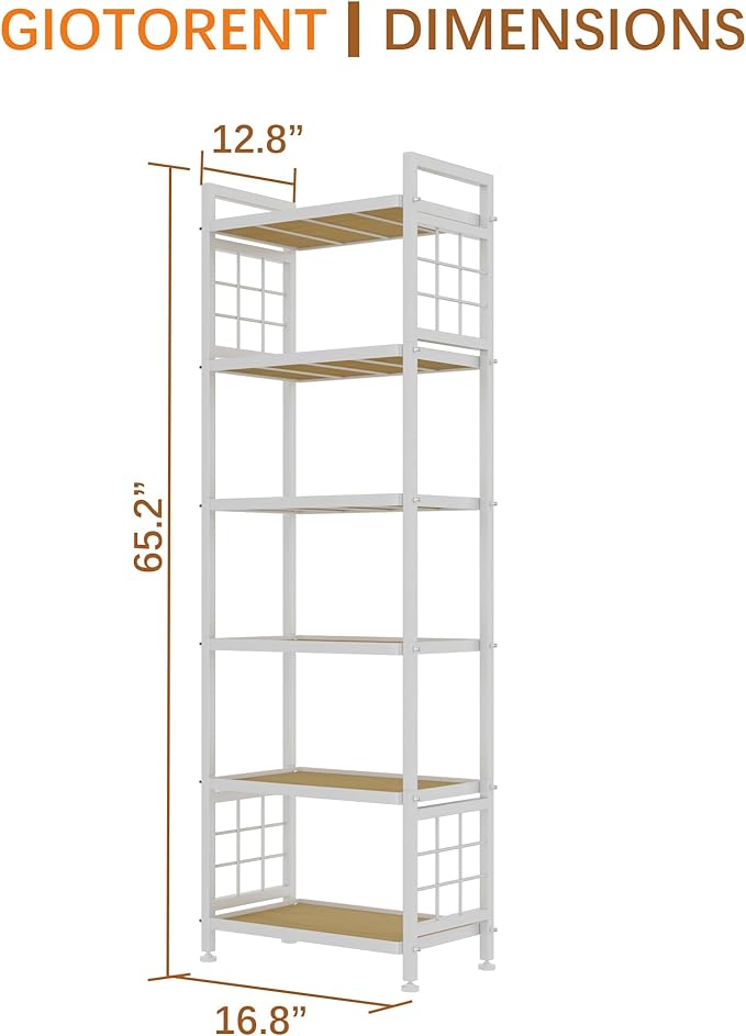 GIOTORENT 6-Tier Pantry Shelves with Wooden Boards, Heavy Duty Storage Shelves & Book Shelf, Adjustable Metal Shelving Unit for Kitchen Bathroom Laundry Organizer, Sturdy Rust-Resistant, White