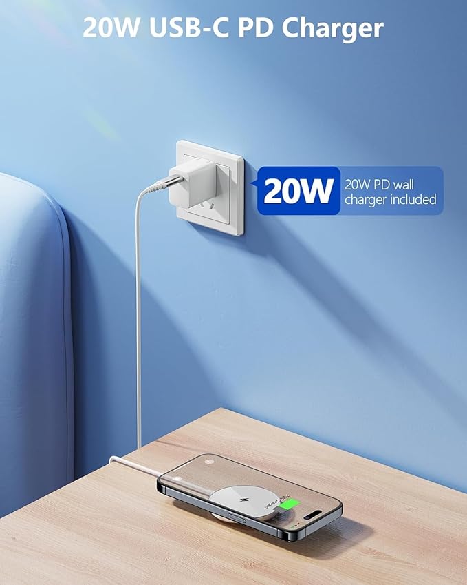 NANAMI Magnetic Wireless Charger Pad with 20W PD Adapter,for MagSafe iPhone 17/16/15/14/13/12 Series & AirPods 3/2/Pro/Pro 2,Non-Slip Base & Strong Magnetic Alignment for Desk and Office Use(White)