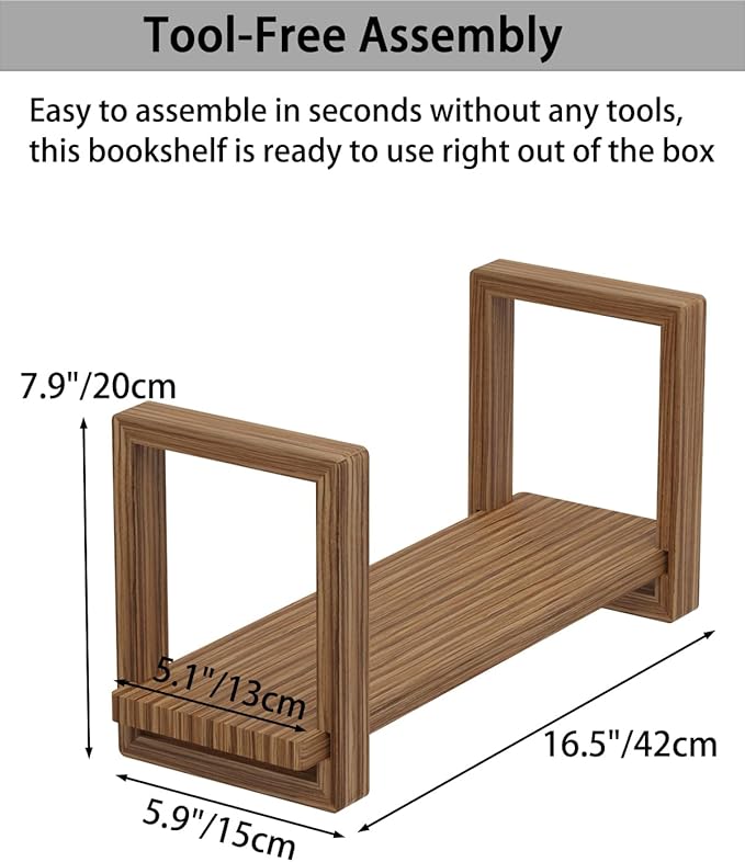 100% Solid Wood Adjustable Desktop Bookshelf, Retro Tabletop Bookshelf, Desk Shelf Holder for Living Room, Home, Office, Perfect for Magazine, Books, Cookbooks, No Tools Required to Assemble (Brown)